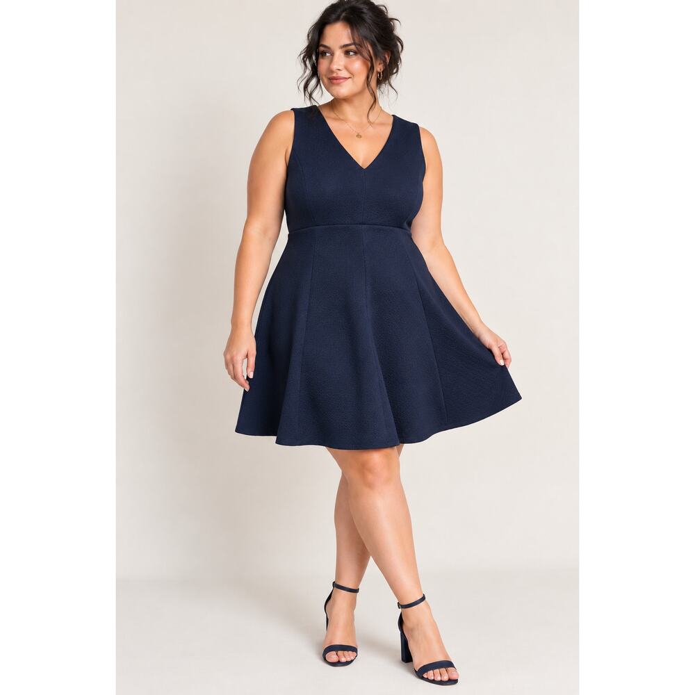 Ann Taylor Navy Blue Textured Fit & Flare V Neck Dress - Picture 2 of 6
